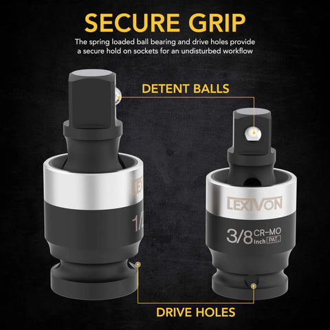 Beefed Up Slim Impact Universal Joint Set With One Half Inch Three Eighths Inch And One Quarter Inch Socket Swivels for Narrow Spaces Chrome Molybdenum Steel Full Impact Grade Matte Black Chrome Finish Ball Spring Design Delivers 360 Degree Rotation showing detent balls and drive holes