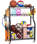 Heavy Duty Rolling Sports Equipment Organizer Rack With Wheels For Garage And Home Gym Keeps Balls Gear Bins Baskets And Hooks