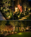 8 Pack 5W Low Voltage LED Landscape Lights illuminating garden pathway with spike stands, warm white lighting, IP65 waterproof.