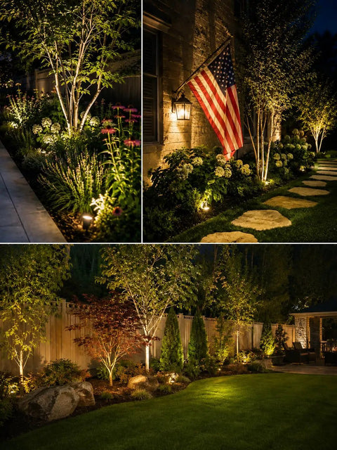 8 Pack 5W Low Voltage LED Landscape Lights illuminating garden pathway with spike stands, warm white lighting, IP65 waterproof.