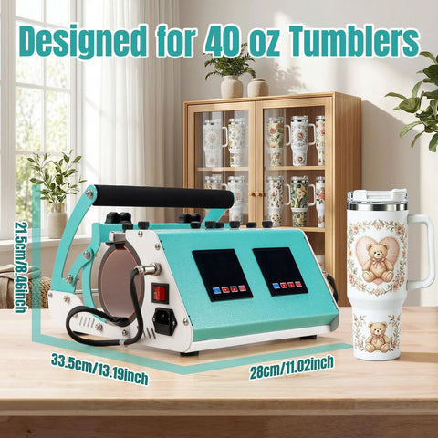 3 in 1 40 Oz Tumbler Heat Press Machine with 110V Dual Control Boxes, teal, on table with sublimated tumblers in cabinet