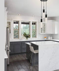 Three Light Kitchen Island Pendant In Matte Black Finish With Clear Glass Cylinder Shades And Bubble Crystal Orbs, LED Bulb Compatible, Modern 3 Light Cluster Fixture For Dining Room Or Kitchen Island With A Lit Vibe hanging over marble kitchen island.