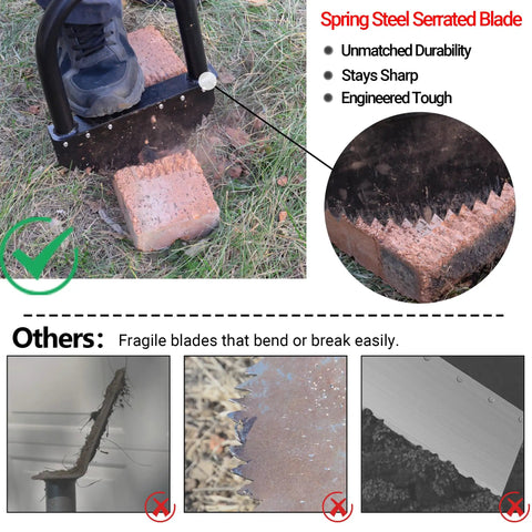 Edger Lawn Tool 41 Inch Reach For Precise Border Edging, No Nonsense Tempered Spring Steel Blade, Long Rubber Handle, Wide Footplate, showing serrated blade cutting brick accurately