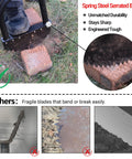 One Piece 41 Inch Manual Lawn Edger With Spring Steel Blade for Precise Edging showing serrated blade cutting through a brick.
