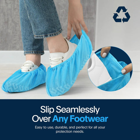 Person wearing Blue Disposable Boot Covers Premium Pack 100 Non Slip Shoe Protectors For Indoor And Outdoor Use Large Size fits most shoes
