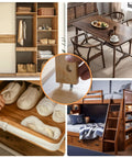 Collage of Pro Grade Walnut Wood Dowels Kit in use for furniture woodworking projects including wardrobe and dining table assembly.