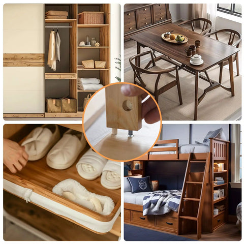 Collage of Pro Grade Walnut Wood Dowels Kit in use for furniture woodworking projects including wardrobe and dining table assembly.