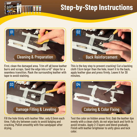 Step-by-step instructions for No Sweat Leather And Vinyl Repair Kit For Car Seats Couches And Furniture With Color Matching Patches.