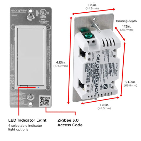 Zigbee In Wall Paddle Dimmer With QuickFit And SimpleWire showing dimensions and back view with LED indicator and Zigbee access code.