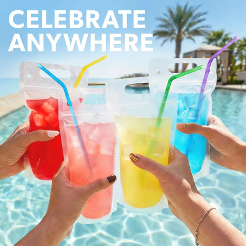 Clear Drink Pouches For Adults 16.9 Oz Freezable Reusable Bags With Straws Leakproof Party Ready For Juices Smoothies Mocktails