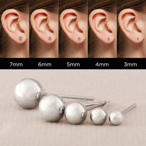 Five Pair Tiny Ball Stud Earrings For Women, Hypoallergenic S925 Sterling Silver Jewelry Set, Five Color Options Rose Gold Gold Silver Black Pearl, Includes Five Sizes For Daily Sparkle, 3-7mm silver ball studs shown on ear