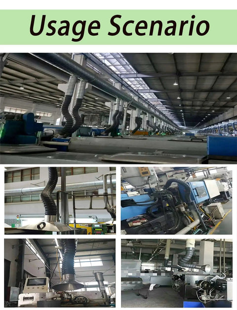 Heavy Duty Stainless Steel Fume Extractor With 360 Flex Articulating Arm And Long Duct Hose capturing smoke in a workshop.