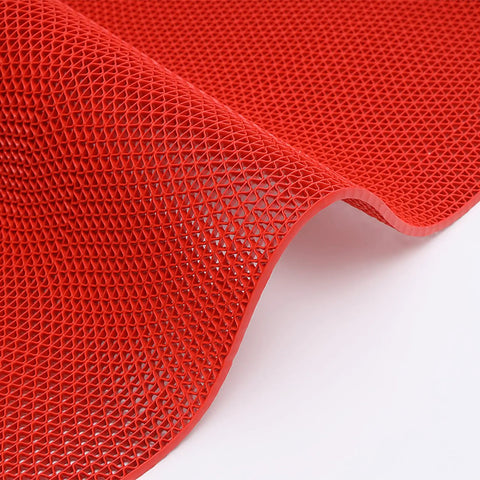 Heavy Duty Non Slip Poolside Floor Mat, Fast Drain Bathroom Anti Fatigue Tile With Wave Channels, Red rubber with mesh design.