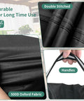 Close-up of heavy duty round patio furniture cover material showing double stitching, handles, and 500D Oxford fabric.