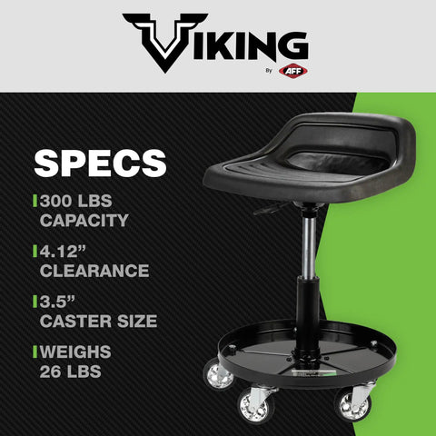 Rolling Shop Stool On Wheels For Mechanics With An Ergonomic Padded Seat And Built In Tool Tray Heavy Duty 300 Lb Capacity Easy Glide Rollers Durable Steel Frame Non Slip Footrests Multiple Styles with black ergonomic seat.
