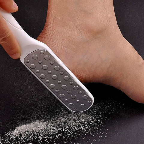 Easy At Home Foot Care Kit With Quick Peel Spray And Foot File Rasp For Callus Removal Three Minute Quick Fix Realistic Home Spa Pedicure Exfoliator Softener Heel Scrubber To Peel Dead Skin And Crush Calluses In Minutes showing foot file rasp in use on foot