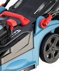 Close-up of Powerful 13 Amp Corded Electric Lawn Mower With 19 Inch Deck Mulch Or Bag Option, showing control panel and wheels