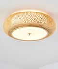 Handwoven Rattan Flush Mount Ceiling Light With Three E26 Bulbs In Dope Boho Style For Bedroom Entryway And Foyer 15 Inch Drum Lamp