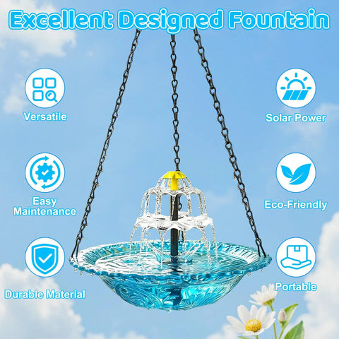 Hanging Sun Powered Bird Bath Fountain With 3 Layer Cascading Design And 3 Nozzles Blue Glass Bowl Auto Starts In Sunlight