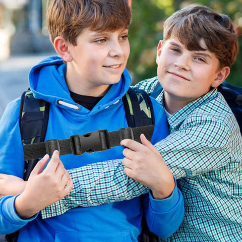 Two boys demonstrating 8 Pack 1 Inch Quick Release Side Release Buckles for Straps and Nylon Webbing on backpacks.