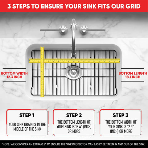 Diagram showing measurements to fit Heavy Duty Sink Protector Grid For Your Kitchen Sink Black Metal Drain Rack 18.1 x 12.3 x 1 In