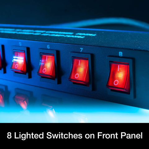 8 Outlet Power Center For Single Rack Space With Lighted On Off Switches And 15 Amp Breaker showing illuminated switches.