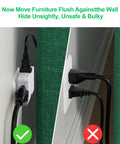 Swivel Wall Adapter Converts Two Prong To Three Prong With Polarized Grounding And Flat Straight Plug Design, showing proper and improper furniture placement.