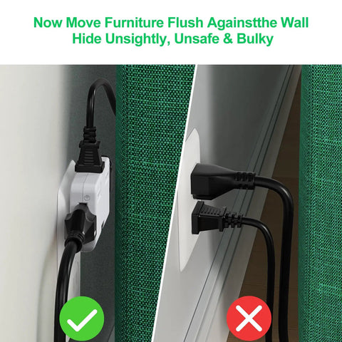 Swivel Wall Adapter Converts Two Prong To Three Prong With Polarized Grounding And Flat Straight Plug Design, showing proper and improper furniture placement.