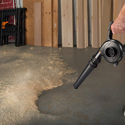 20V Cordless Shop Blower With Power Share, Tool Only, 160 MPH Air Velocity, cleaning garage floor with wood dust