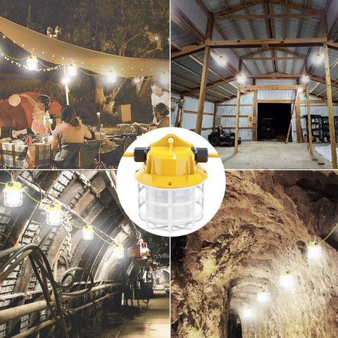 50 Foot LED Construction String Lights 75W 7500LM in use at outdoor events, sheds, tunnels, and caves