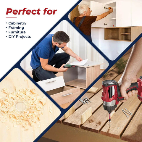 Image collage showing the Kickass Countersink Drill Bit Set For Serious Woodworking Builds With Tapered Drill Bits And Wood Plugs in action for cabinetry, framing, furniture.