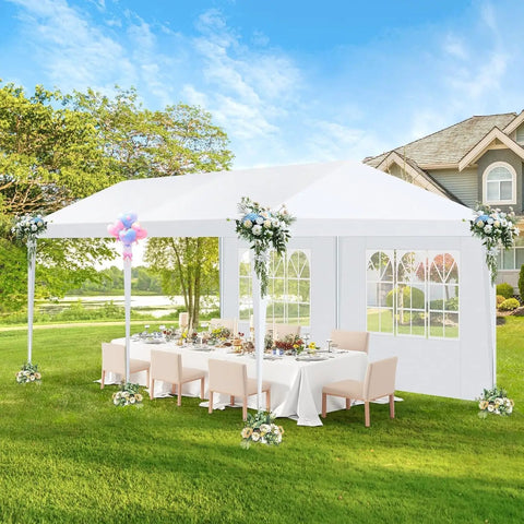 10x20 Ft Outdoor Party Tent Canopy With 6 Removable Sidewalls set up in backyard, decorated for event, white, weather resistant