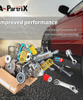 Auto parts overflowing from a box next to a red car, showcasing components like gears, springs, and connecting rods for vehicle performance.