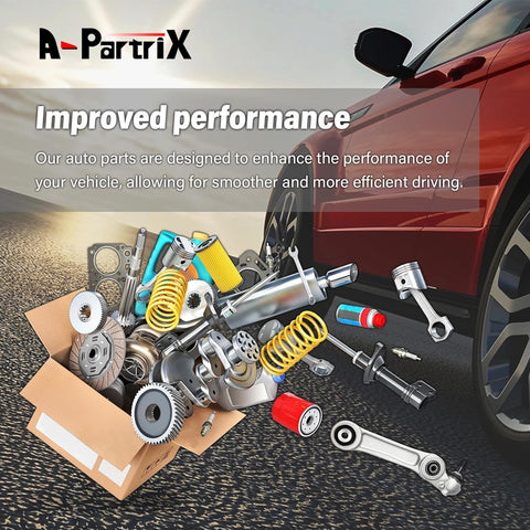 Auto parts overflowing from a box next to a red car, showcasing components like gears, springs, and connecting rods for vehicle performance.