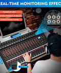 Person using Sixteen Channel Digital Audio Mixer With 48V Phantom Power USB Slot LED Screen Bluetooth And Pro Grade Mic Preamps for sound mixing.