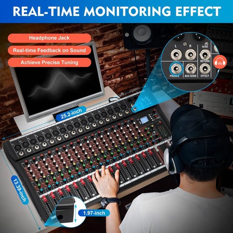 Person using Sixteen Channel Digital Audio Mixer With 48V Phantom Power USB Slot LED Screen Bluetooth And Pro Grade Mic Preamps for sound mixing.