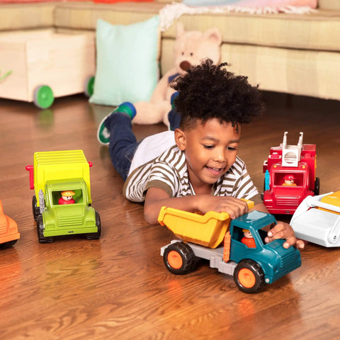 Child playing with Colorful Kids Construction Bulldozer Toy With Movable Loader And Friendly Driver Durable Yellow Front End