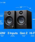 Eris 3.5 Studio Monitors Pair For Near Field Mixing And HiFi Desktop Listening, showing dimensions and features