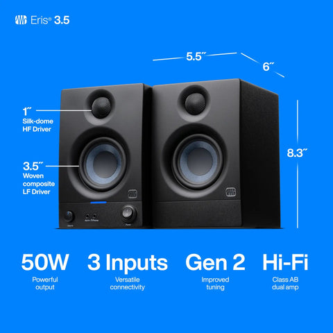 Eris 3.5 Studio Monitors Pair For Near Field Mixing And HiFi Desktop Listening, showing dimensions and features