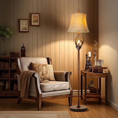 Cozy Farmhouse Vibe Antlers Floor Lamp With Night Light, Faux Leather Bell Shade, Brown Finish in a rustic living room