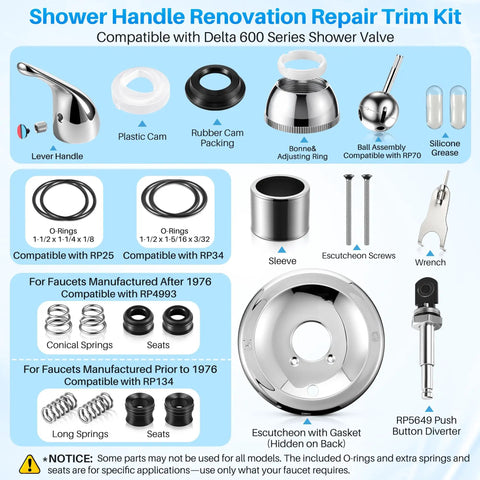 Components of Shower Handle Renovation Kit For Delta RP6046 And 600 Series Valves Single Lever Chrome Trim Repair Replacement