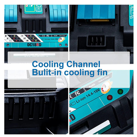 Close-up of Twin Ports Battery Charger DC18RD cooling features for 14.4V to 18V LXT lithium-ion batteries.