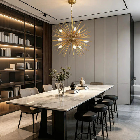 Golden Sputnik Chandelier Nine Lights Modern Starburst Fixture over dining table, solid metal brushed gold finish, mid-century style