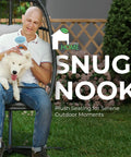 Man and dog sitting on Hanging Egg Chair with Stand for indoor outdoor chill, plush washable cushions, in garden setting.