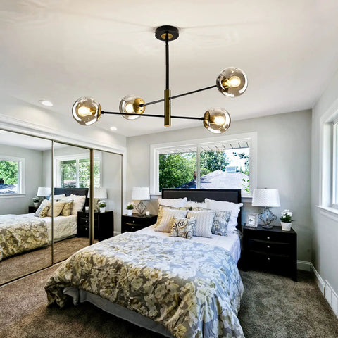 Vintage Farmhouse 4 Light Metal Chandelier With Dope Black Glass Globes Overhead Ceiling Light Fixture in modern bedroom setting