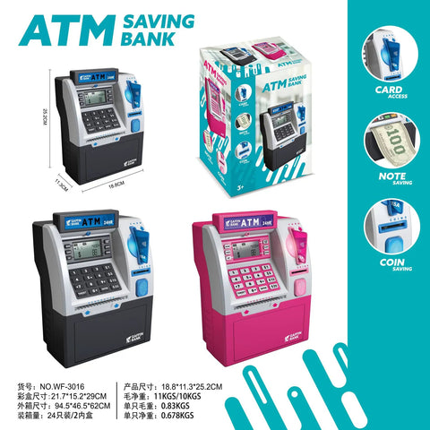 Kids ATM Piggy Bank With Debit Card And PIN Digital Coin Counter And Bill Feeder Educational Savings Toy packaging and display