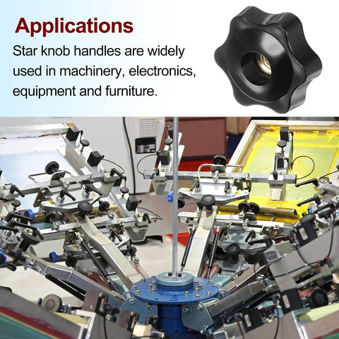 Heavy Lifter Four Pack Star Knobs With M10 Female Thread And 38mm Head Plastic Clamping Handles in machinery application setup.