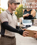 Keep Your Arms Shaded And Locked In With These Adjustable UV Sun Sleeves Featuring A Handy Watch Cutout Thumb Loop And Anti Roll Closure For Effortless Cooling On Every Road Journey. A man wearing black sun sleeves with a watch cutout while delivering a package.