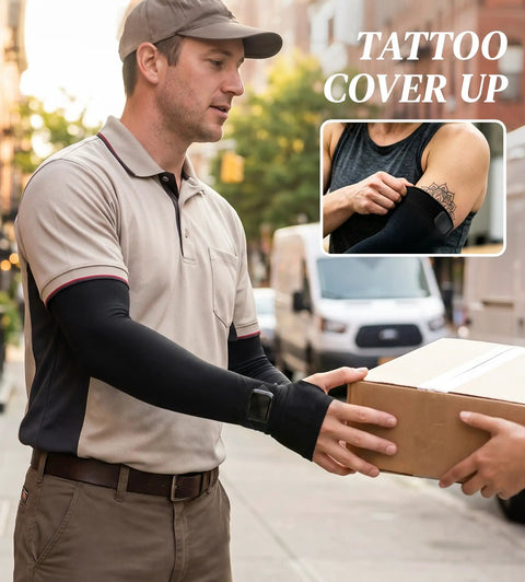 Keep Your Arms Shaded And Locked In With These Adjustable UV Sun Sleeves Featuring A Handy Watch Cutout Thumb Loop And Anti Roll Closure For Effortless Cooling On Every Road Journey. A man wearing black sun sleeves with a watch cutout while delivering a package.