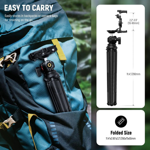  Mini Flexible Phone Tripod With Remote for iPhone TP35 packed in a backpack, showing size dimensions for easy travel.